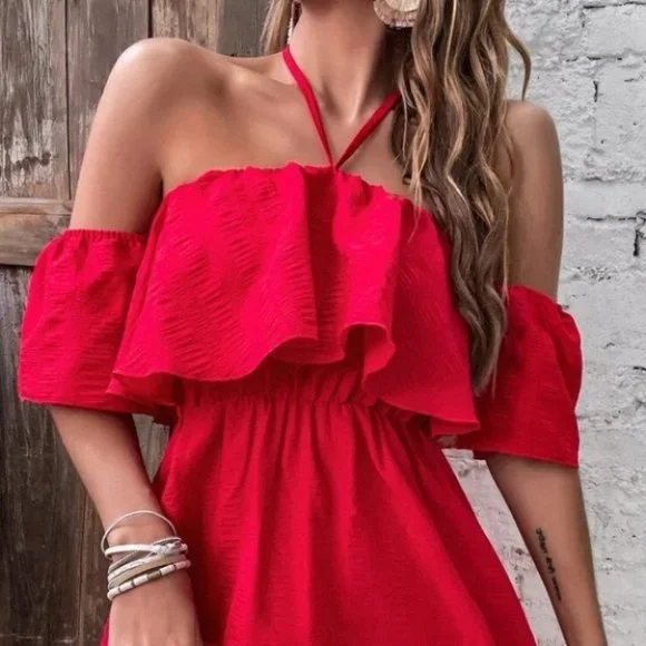 Tie Back Off Shoulder Ruffle Trim Dress - Picture 7 of 9